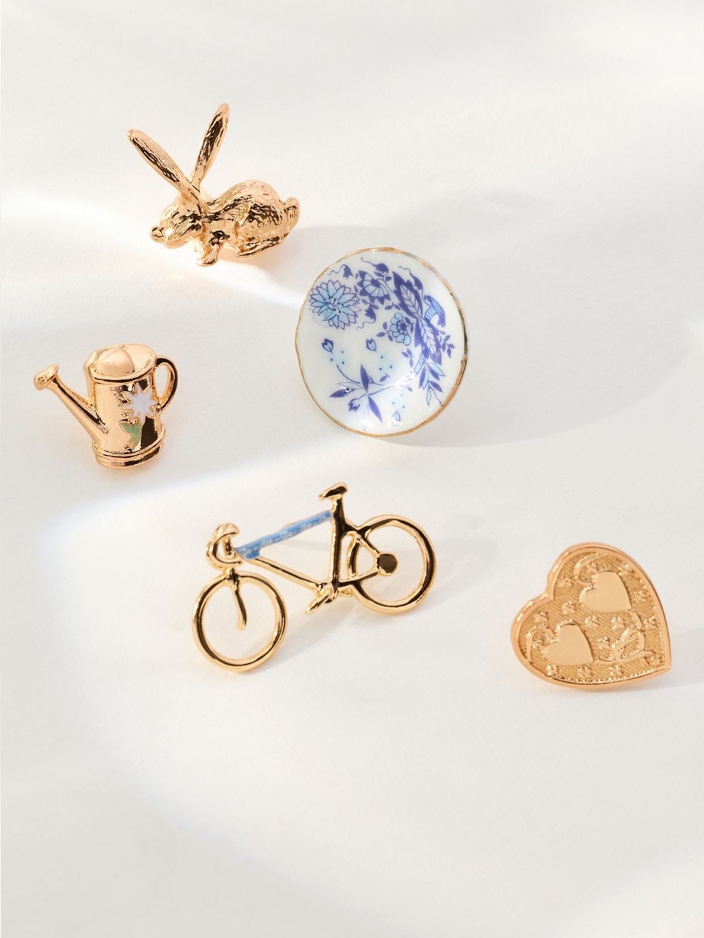 Anthropologie 14KT Gold Plated Mini Brooches New Set of 5 Bike Chia Bunny Heart